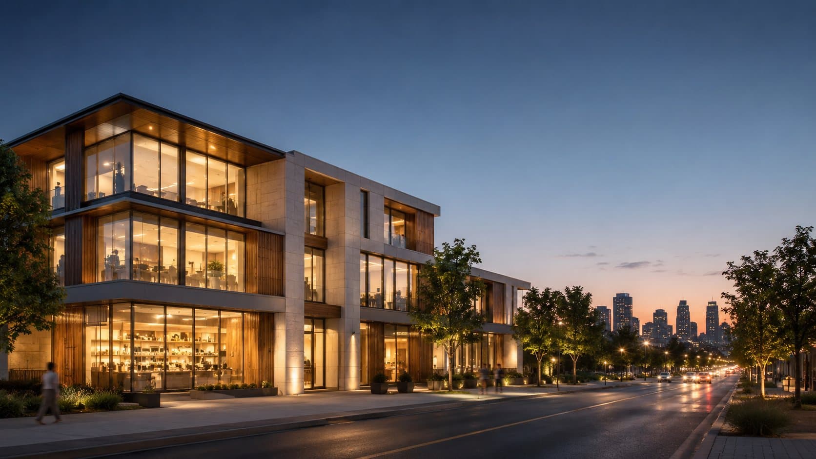 Modern GTA commercial real estate building at dusk — Plazavest